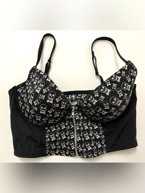 VTG Morbid Threads Hot Topic Skull Longline Bra Bustier Zip Front Goth Y2K 38D